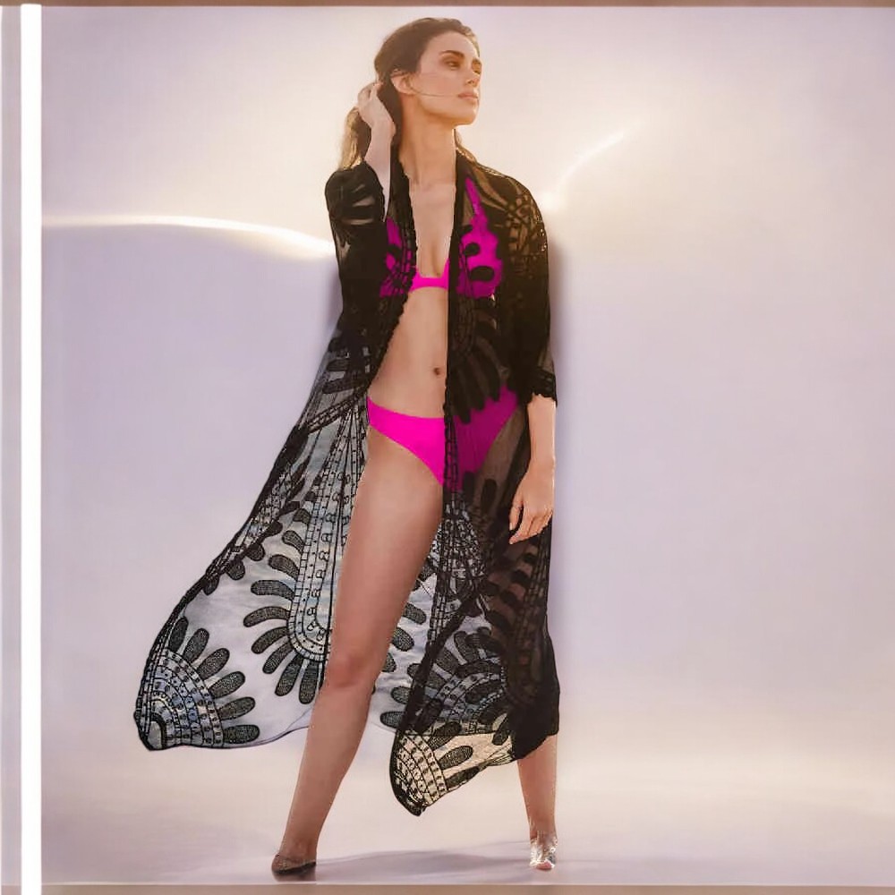 KIMONO MAXI MUJER YOMAR NEGRO ABIERTA TULL IMPORTADO - 1