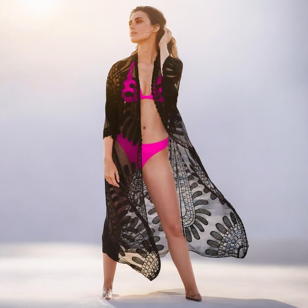 KIMONO MAXI MUJER YOMAR NEGRO ABIERTA TULL IMPORTADO - 2