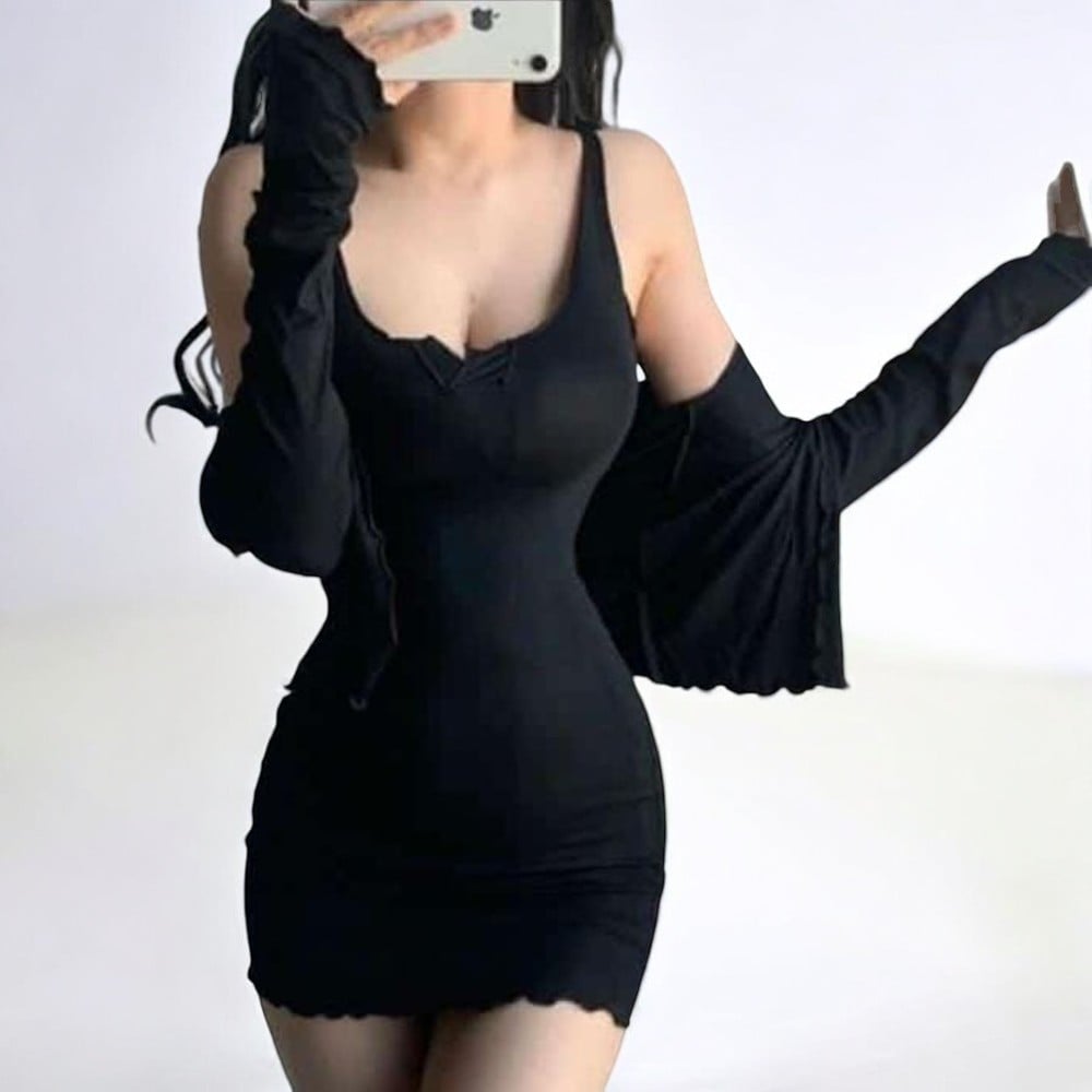 CONJUNTO MUJER NEGRO CASUAL RIP GRUESO MANGA LARGA BLONDAS - 1