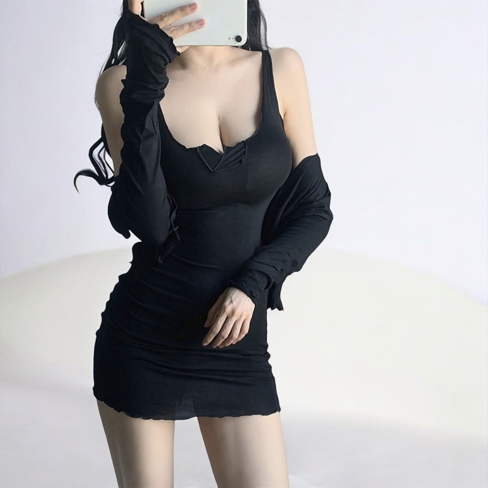 CONJUNTO MUJER NEGRO CASUAL RIP GRUESO MANGA LARGA BLONDAS - 2