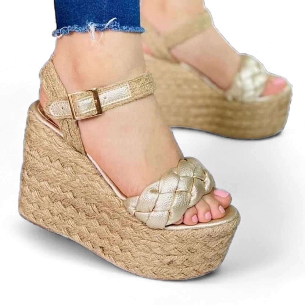 SANDALIAS MUJER QUERO SHOES DORADO PLATAFORMA 12 TRENZAS 2086L-55 - 1