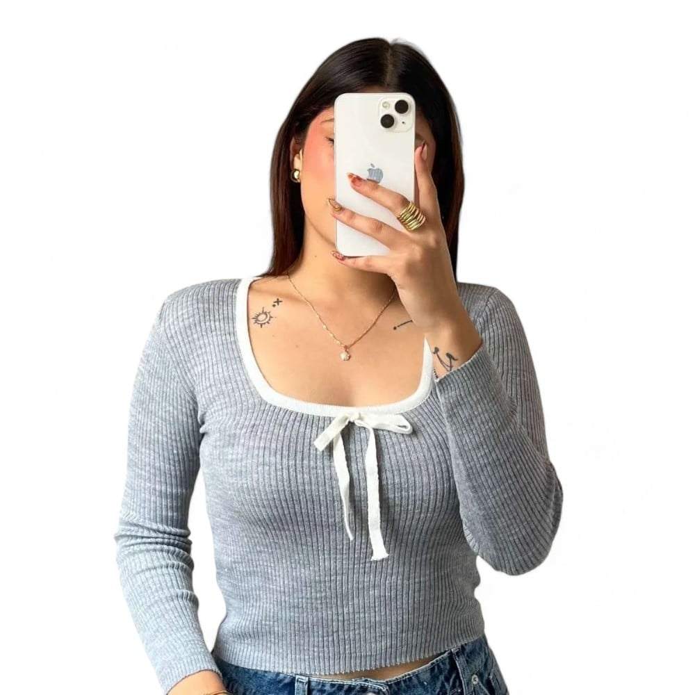 SWEATER MANGA LARGA MUJER GRIS HILO LAZO GUI359-20 - 1