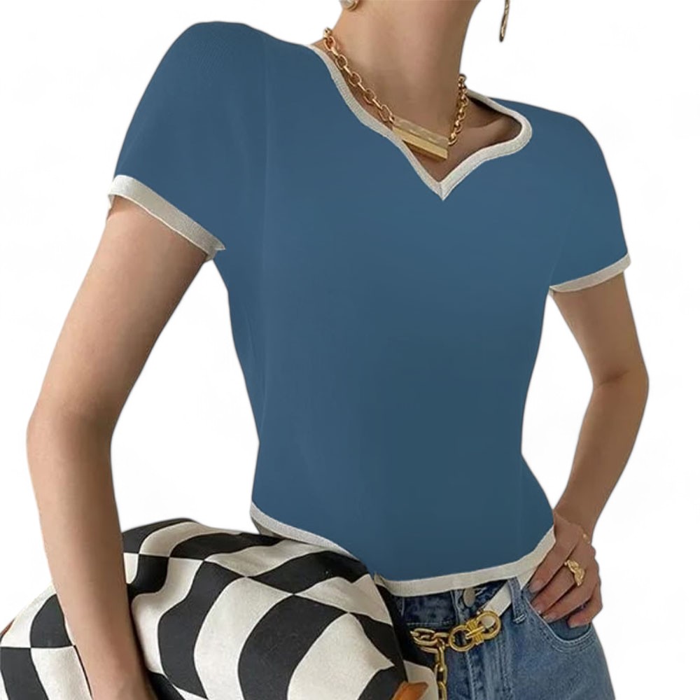 SWEATER MANGA CORTA MUJER CELESTE HILO NACIONAL CUELLO V GUI359-19 - 1