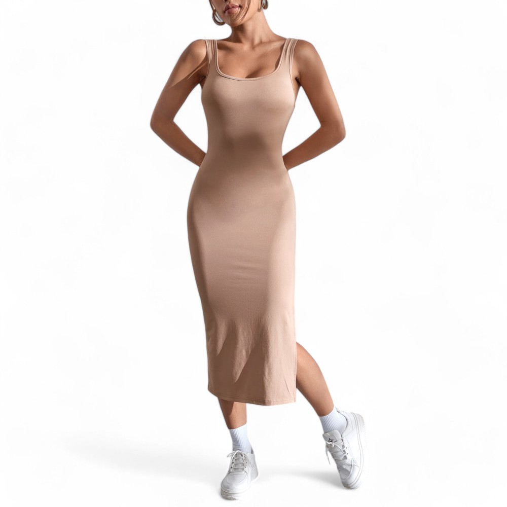 VESTIDO SIN MANGAS MUJER BEIGE ACANALADO SAB-20 - 1