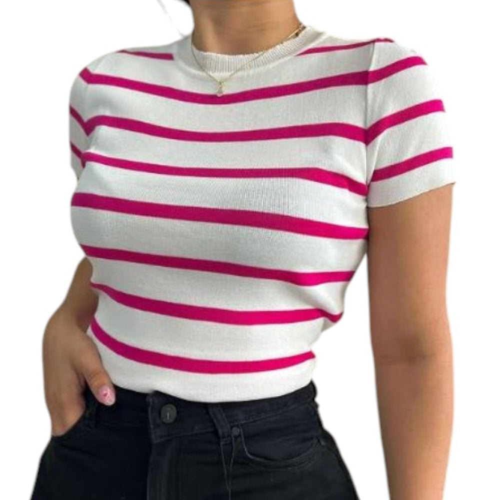 POLO MANGA 3/5 HILO MUJER RAYAS FUCSIA 359G-18 - 1