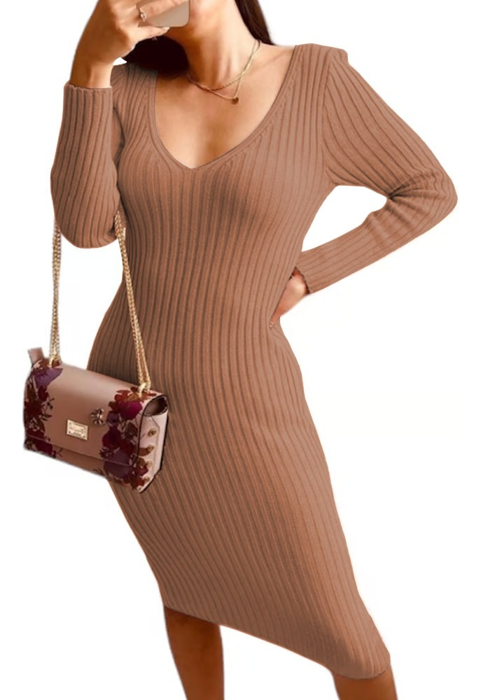 VESTIDO HILO AMAERICANO MANGA LARGA 359G-17 COLOR CAMELLO - 1