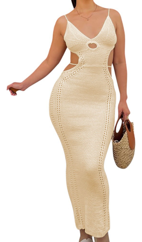 VESTIDO HILO MAXI TRANSPARENCIA SEXY 359G-26 COLOR VAINILLA BEIGE - 1