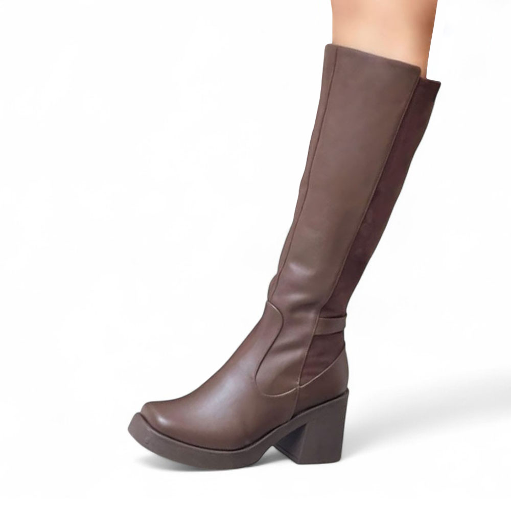 BOTA MUJER PUNTA CUADRADA GAMUZA POSTERIOR 1299 5C-75 COLOR MARRON - 1