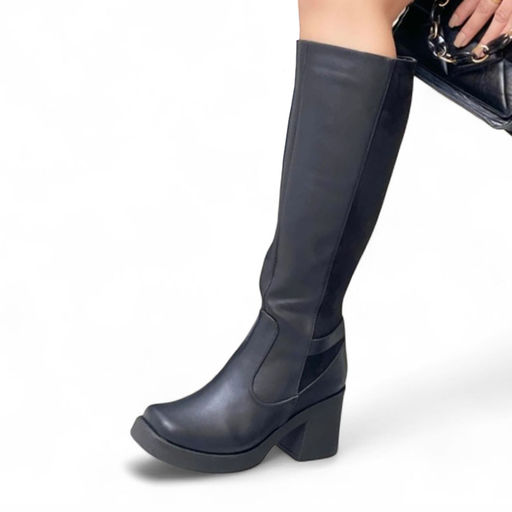 BOTA MUJER PUNTA CUADRADA GAMUZA POSTERIOR 1299 5C-75 COLOR NEGRO - 1