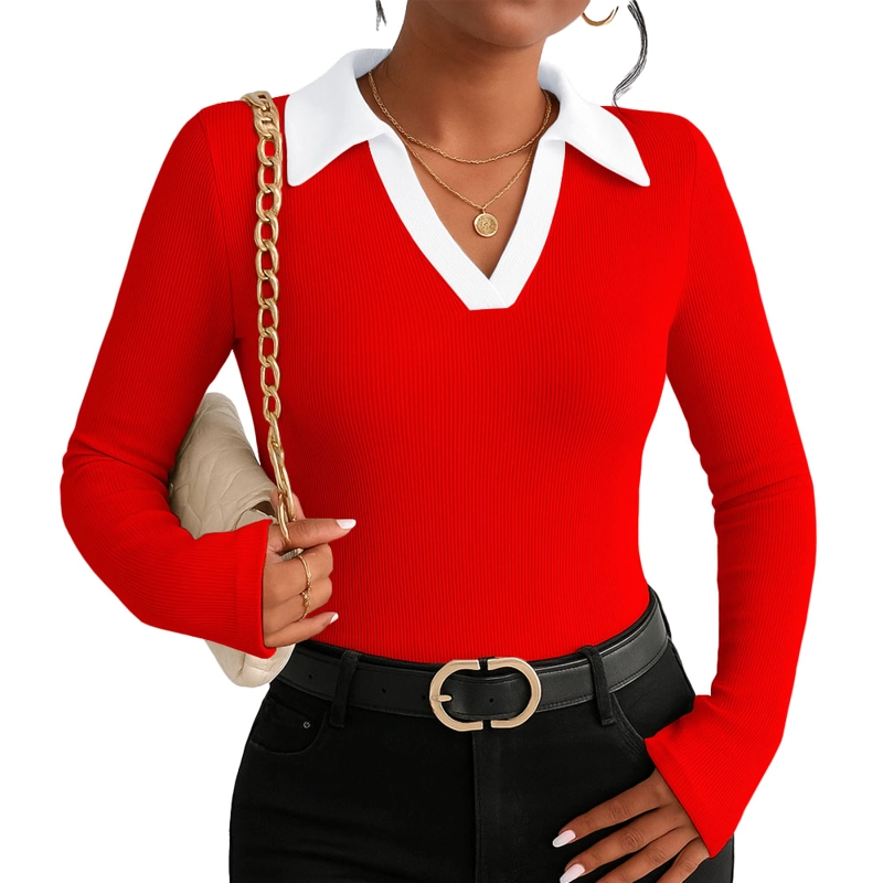POLO MUJER CAMISERO BI MANGA LARGA SAB-16 RIB COLOR ROJO - 1