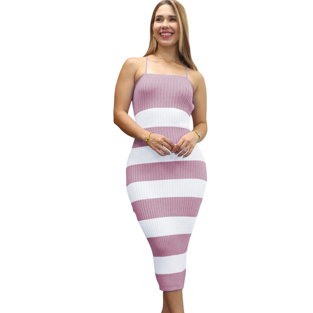 VESTIDO MUJER HILO TACTO MAXI RAYAS 359G-25 COLOR ROSADO - 1