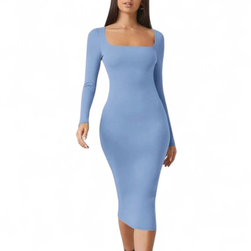 VESTIDO CUELLO CUADRADO MANGA LARGA RIB GRUESO COL-22 COLOR ACERO - 4