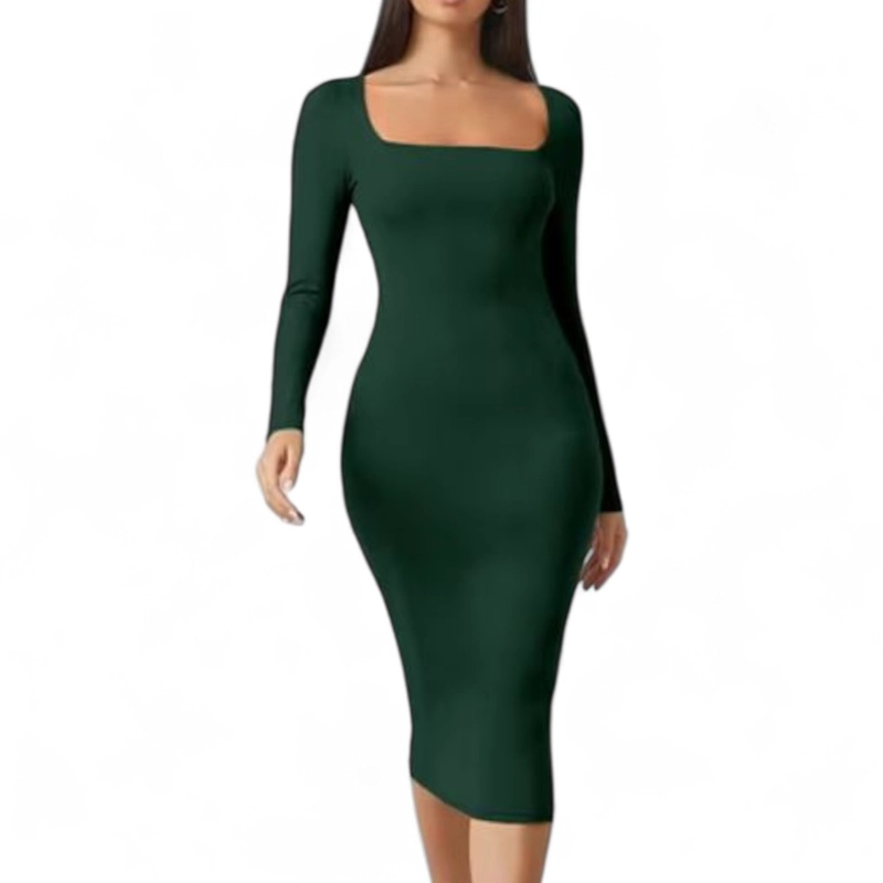 VESTIDO CUELLO CUADRADO MANGA LARGA RIB GRUESO COL-22 COLOR VERDE - 1