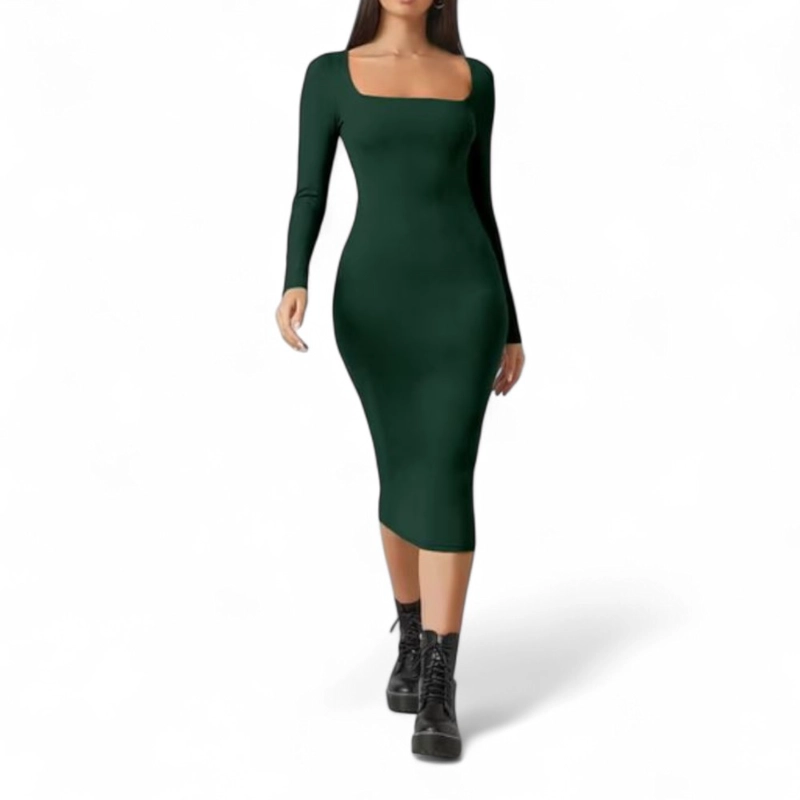 VESTIDO CUELLO CUADRADO MANGA LARGA RIB GRUESO COL-22 COLOR VERDE - 2