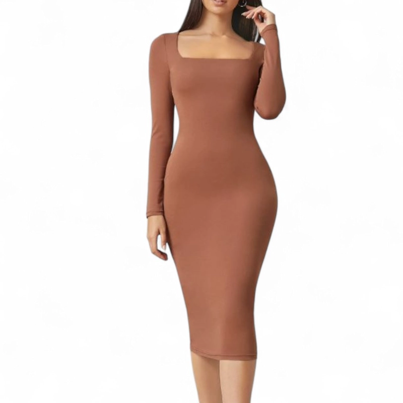 VESTIDO CUELLO CUADRADO MANGA LARGA RIB GRUESO COL-22 COLOR CARAMELO - 1