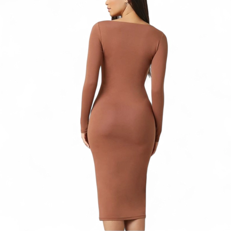 VESTIDO CUELLO CUADRADO MANGA LARGA RIB GRUESO COL-22 COLOR CARAMELO - 2