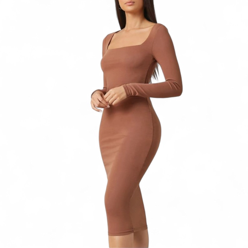 VESTIDO CUELLO CUADRADO MANGA LARGA RIB GRUESO COL-22 COLOR CARAMELO - 5