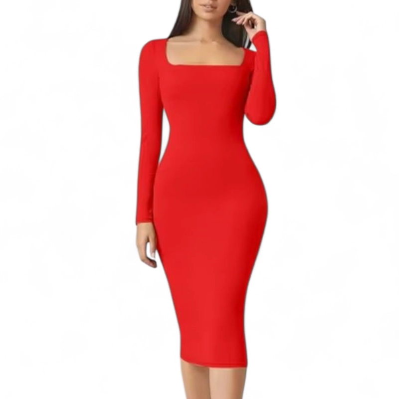 VESTIDO CUELLO CUADRADO MANGA LARGA RIB GRUESO COL-22 COLOR ROJO - 1