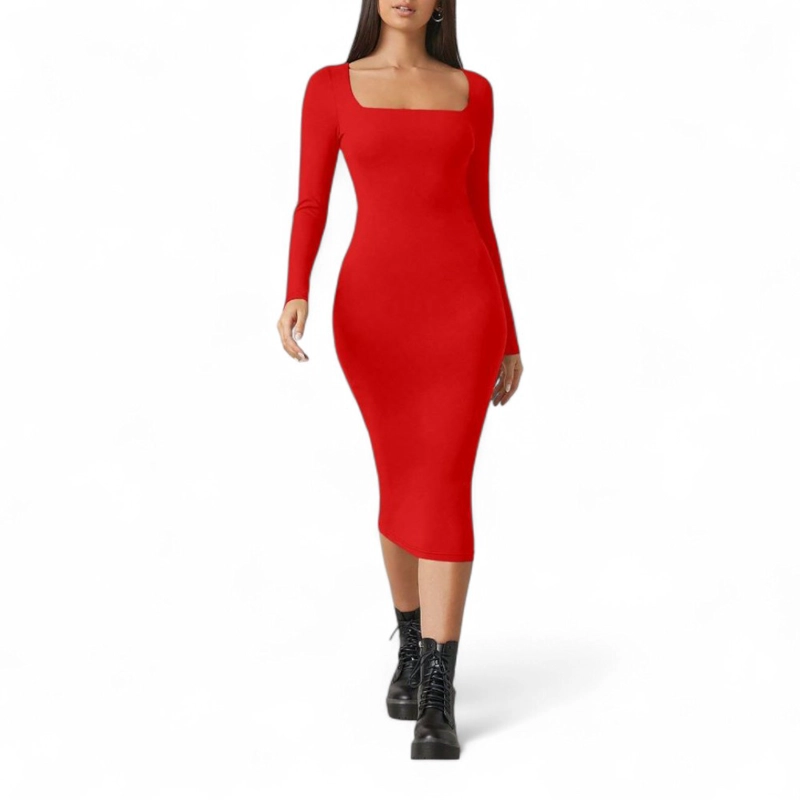 VESTIDO CUELLO CUADRADO MANGA LARGA RIB GRUESO COL-22 COLOR ROJO - 3