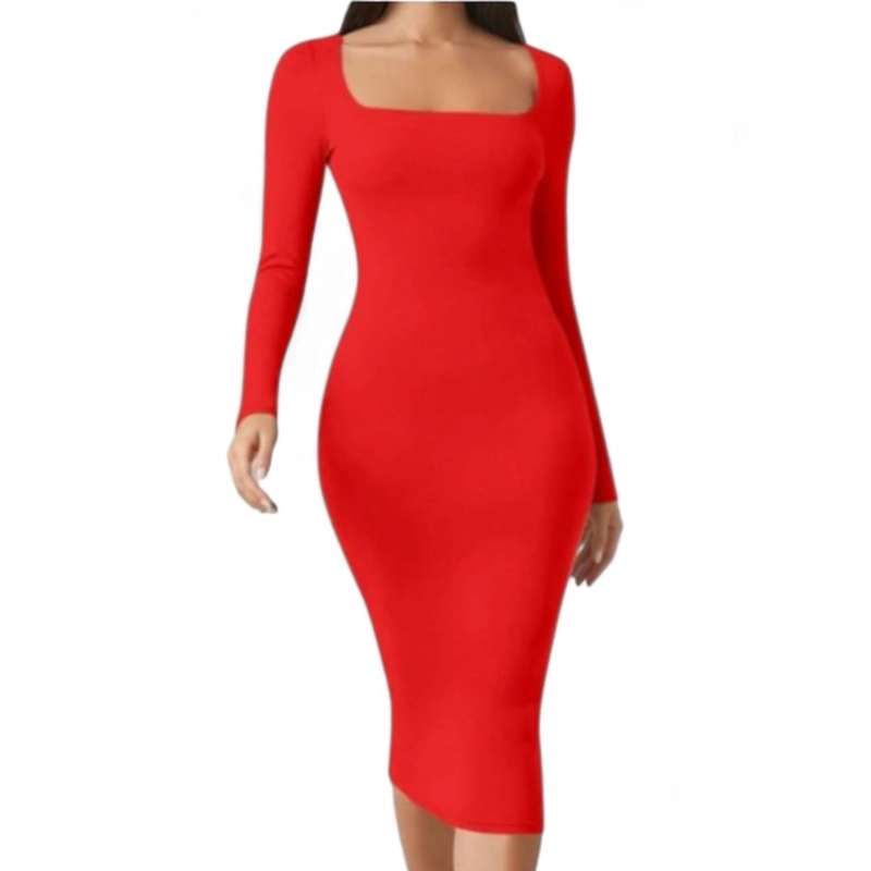 VESTIDO CUELLO CUADRADO MANGA LARGA RIB GRUESO COL-22 COLOR ROJO - 5
