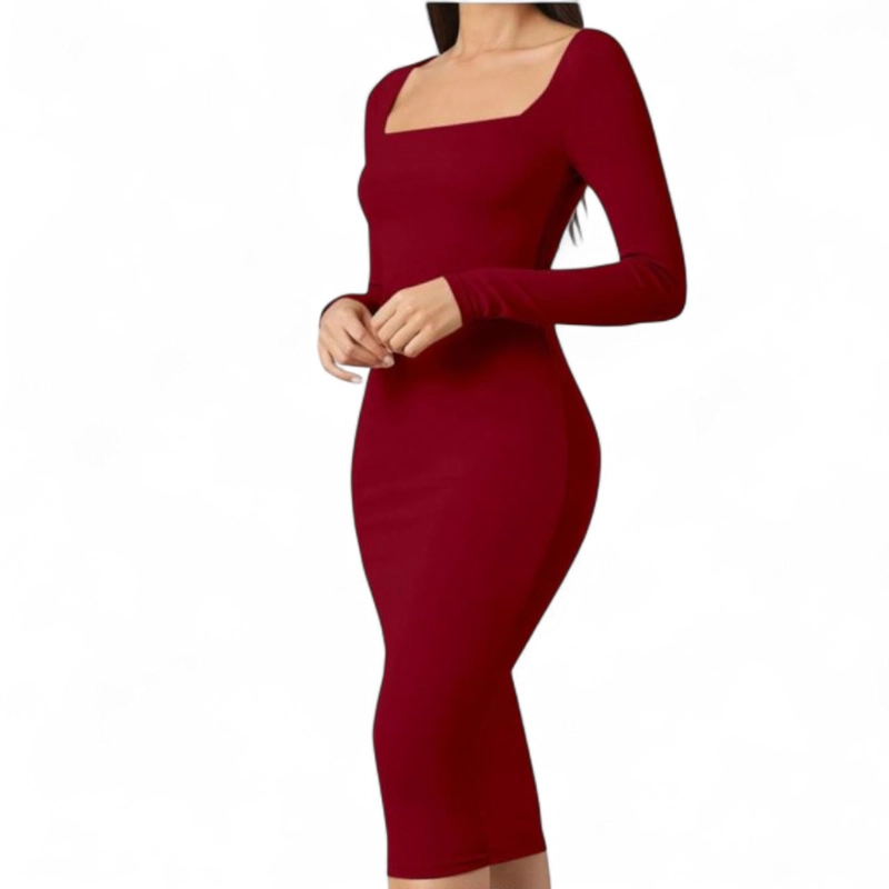 VESTIDO CUELLO CUADRADO MANGA LARGA RIB GRUESO COL-22 COLOR VINO - 1