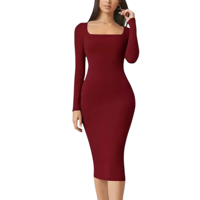 VESTIDO CUELLO CUADRADO MANGA LARGA RIB GRUESO COL-22 COLOR VINO - 2