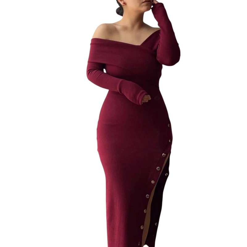 VESTIDO ASIMETRICO MANGA LARGA CON BROCHES RIB GRUESO COL-26 COLOR VINO - 1