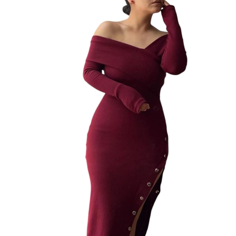 VESTIDO ASIMETRICO MANGA LARGA CON BROCHES RIB GRUESO COL-26 COLOR VINO - 2