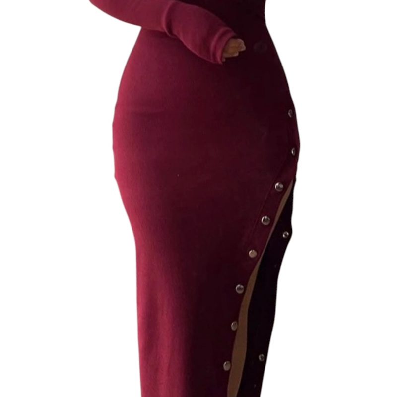 VESTIDO ASIMETRICO MANGA LARGA CON BROCHES RIB GRUESO COL-26 COLOR VINO - 3