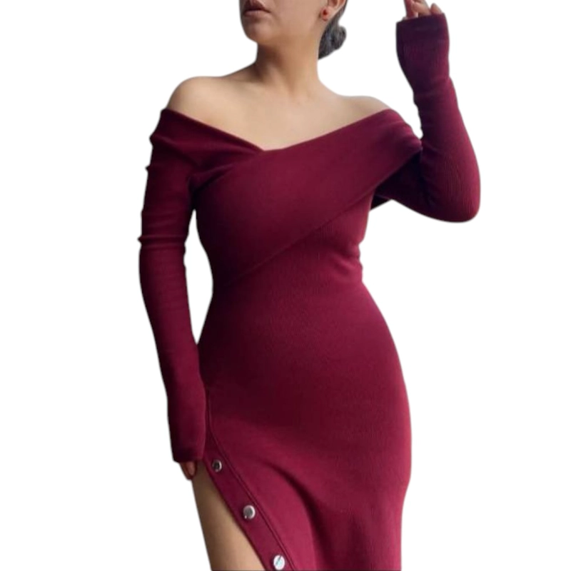 VESTIDO ASIMETRICO MANGA LARGA CON BROCHES RIB GRUESO COL-26 COLOR VINO - 4