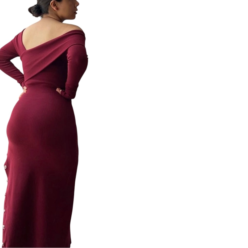 VESTIDO ASIMETRICO MANGA LARGA CON BROCHES RIB GRUESO COL-26 COLOR VINO - 5