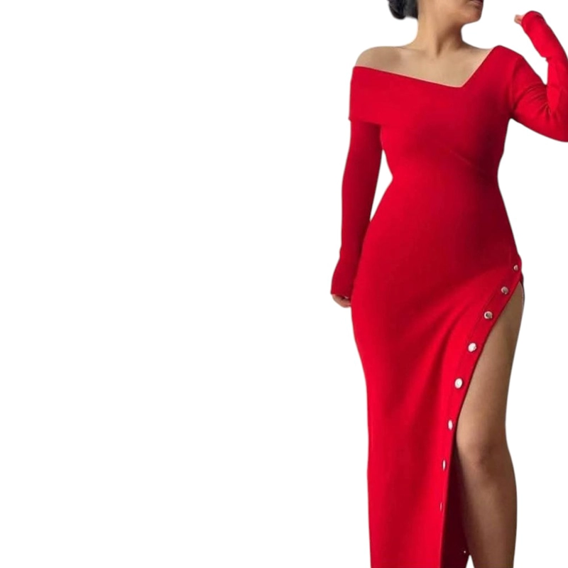 VESTIDO ASIMETRICO MANGA LARGA CON BROCHES RIB GRUESO COL-26 COLOR ROJO - 1