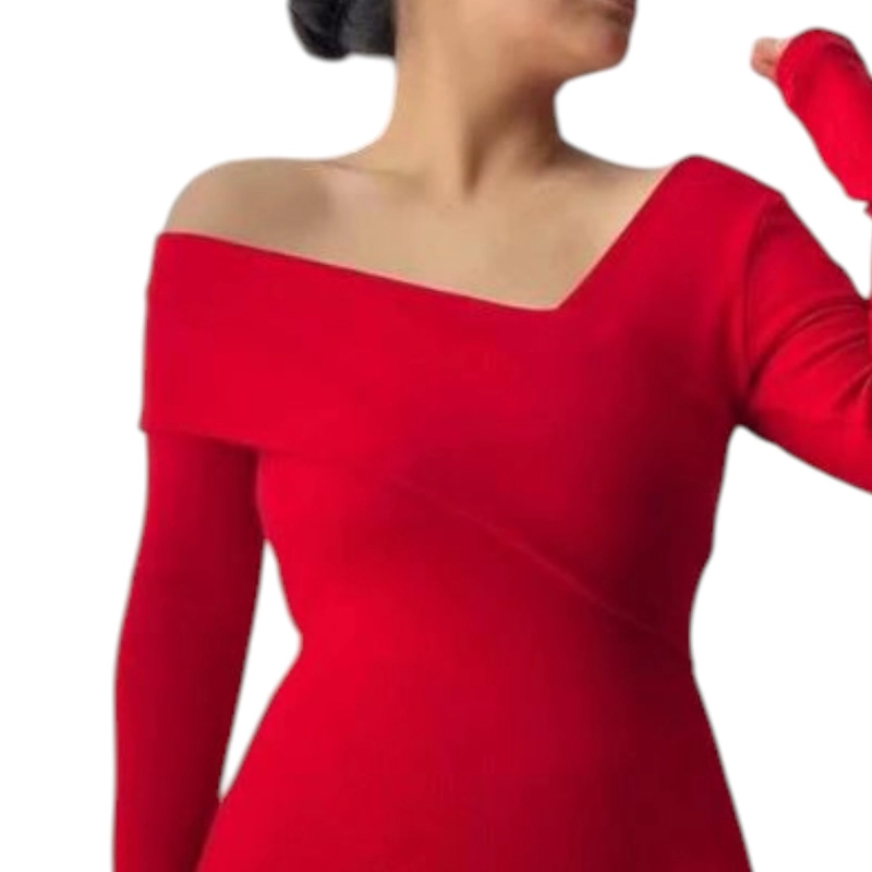 VESTIDO ASIMETRICO MANGA LARGA CON BROCHES RIB GRUESO COL-26 COLOR ROJO - 2