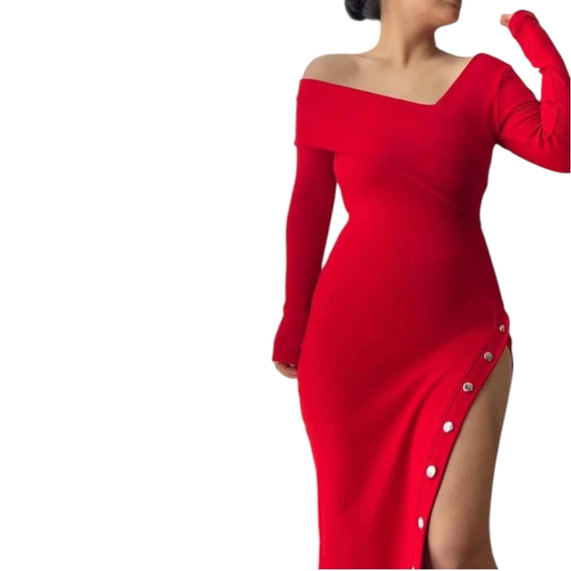 VESTIDO ASIMETRICO MANGA LARGA CON BROCHES RIB GRUESO COL-26 COLOR ROJO - 3