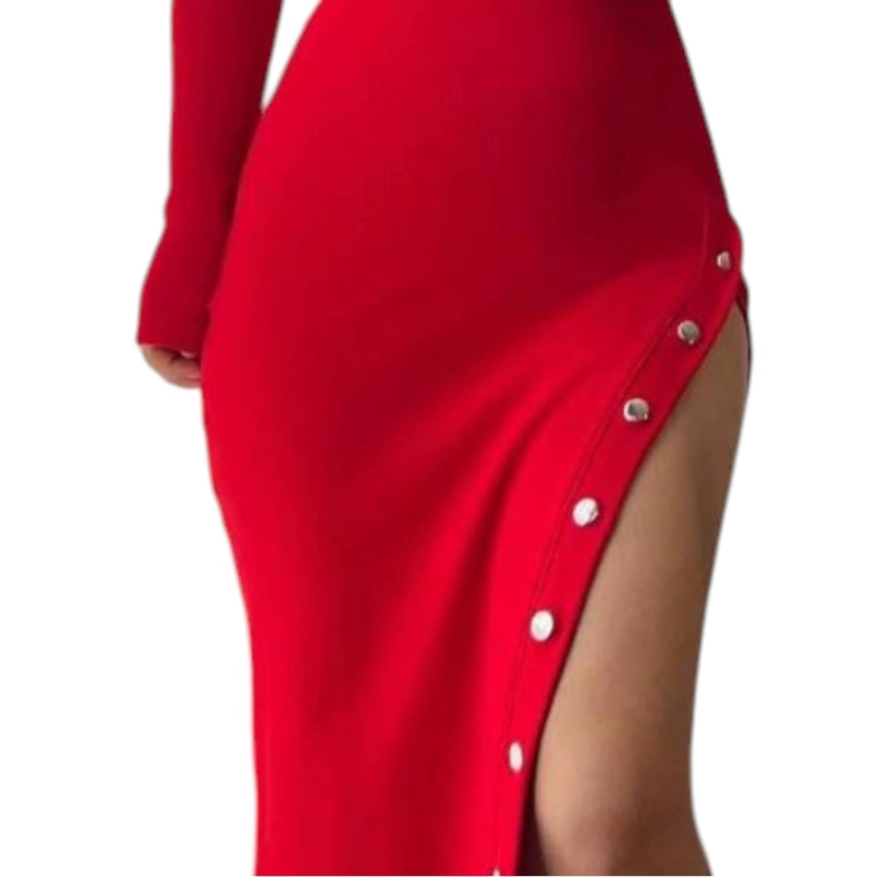 VESTIDO ASIMETRICO MANGA LARGA CON BROCHES RIB GRUESO COL-26 COLOR ROJO - 4