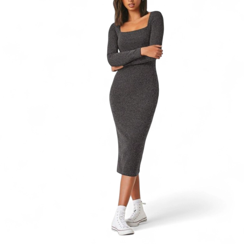 VESTIDO CUELLO CUADRADO MANGA LARGA RIB GRUESO COL-22 COLOR GRIS OSCURO - 2