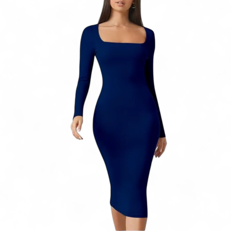VESTIDO CUELLO CUADRADO MANGA LARGA RIB GRUESO COL-22 COLOR AZUL - 1