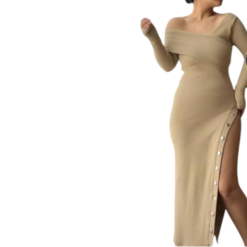 VESTIDO ASIMETRICO MANGA LARGA CON BROCHES RIB GRUESO COL-26 COLOR BEIGE - 1