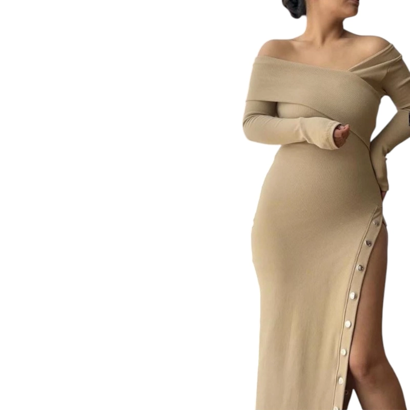 VESTIDO ASIMETRICO MANGA LARGA CON BROCHES RIB GRUESO COL-26 COLOR BEIGE - 2