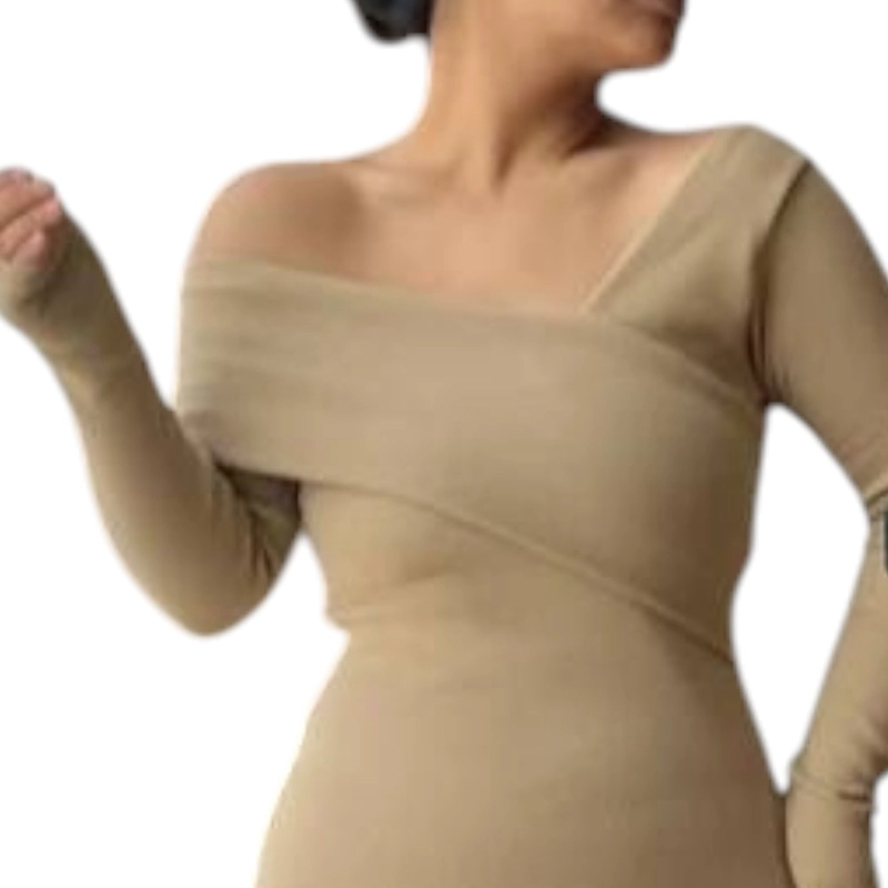 VESTIDO ASIMETRICO MANGA LARGA CON BROCHES RIB GRUESO COL-26 COLOR BEIGE - 3