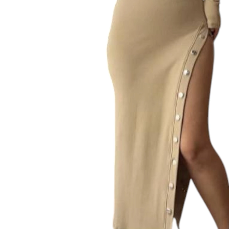 VESTIDO ASIMETRICO MANGA LARGA CON BROCHES RIB GRUESO COL-26 COLOR BEIGE - 4