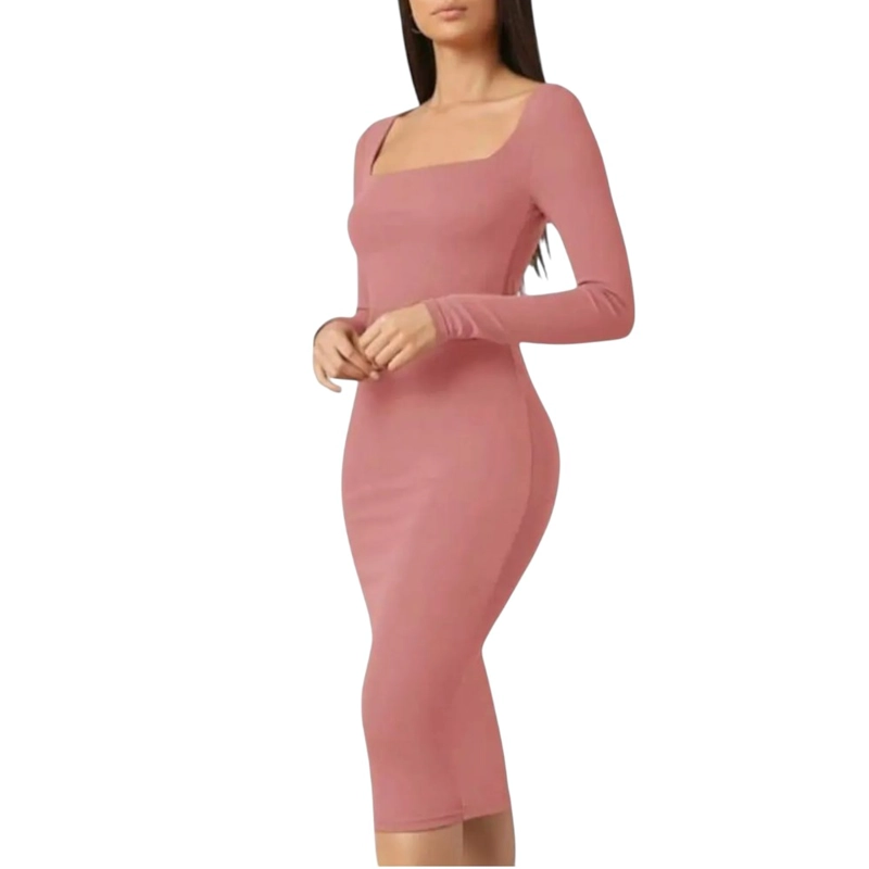 VESTIDO CUELLO CUADRADO MANGA LARGA RIB GRUESO COL-22 COLOR ROSA - 1