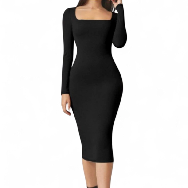 VESTIDO CUELLO CUADRADO MANGA LARGA RIB GRUESO COL-22 COLOR NEGRO - 1