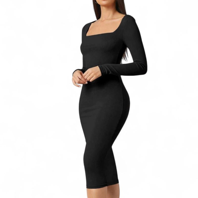 VESTIDO CUELLO CUADRADO MANGA LARGA RIB GRUESO COL-22 COLOR NEGRO - 4