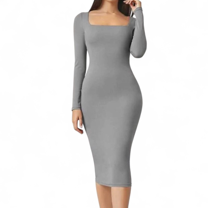 VESTIDO CUELLO CUADRADO MANGA LARGA RIB GRUESO COL-22 COLOR GRIS - 1