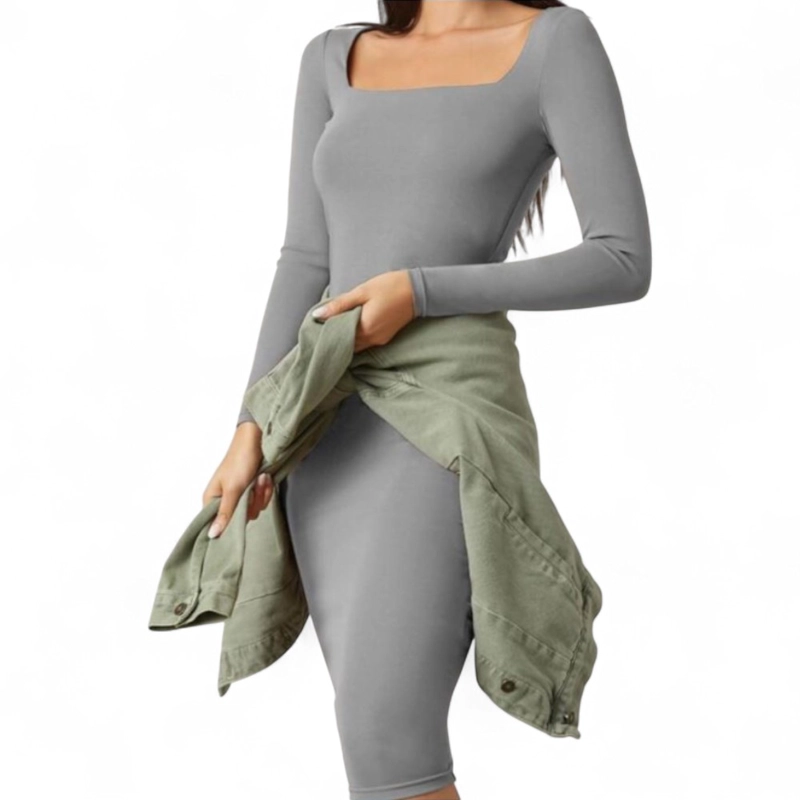 VESTIDO CUELLO CUADRADO MANGA LARGA RIB GRUESO COL-22 COLOR GRIS - 2