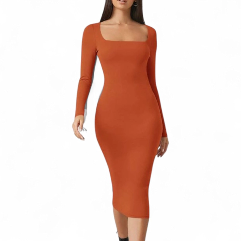 VESTIDO CUELLO CUADRADO MANGA LARGA RIB GRUESO COL-22 COLOR NARANJA - 1