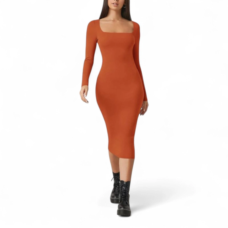 VESTIDO CUELLO CUADRADO MANGA LARGA RIB GRUESO COL-22 COLOR NARANJA - 2