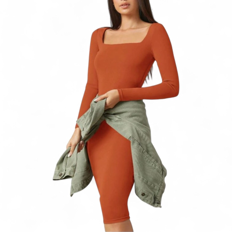 VESTIDO CUELLO CUADRADO MANGA LARGA RIB GRUESO COL-22 COLOR NARANJA - 3