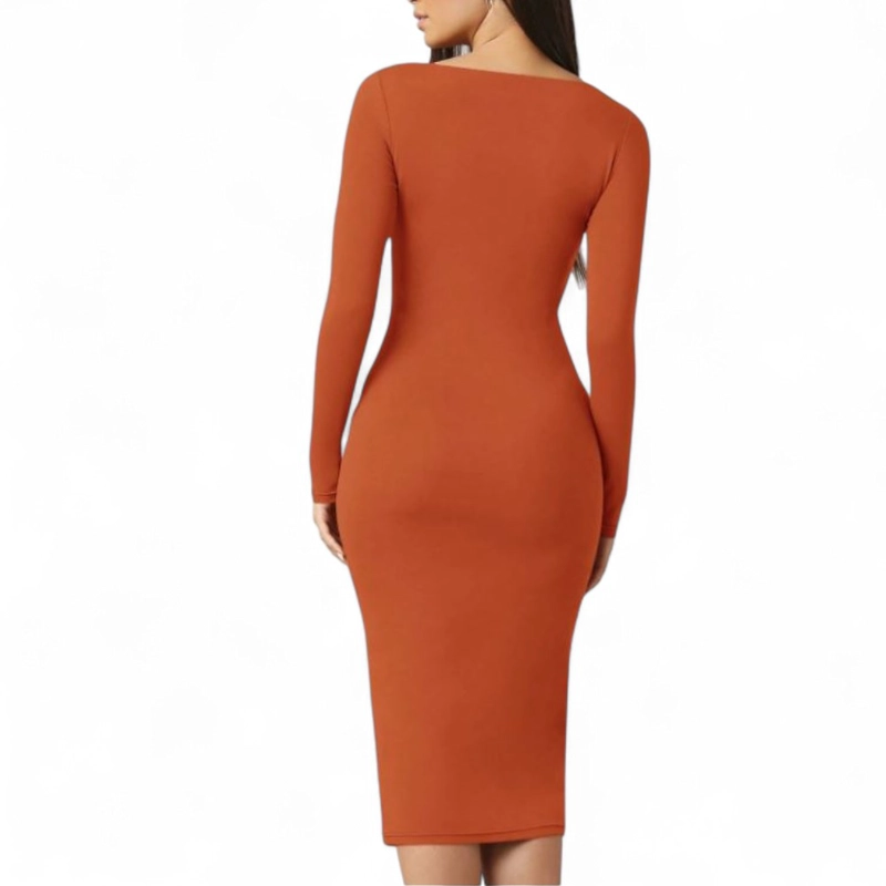 VESTIDO CUELLO CUADRADO MANGA LARGA RIB GRUESO COL-22 COLOR NARANJA - 4